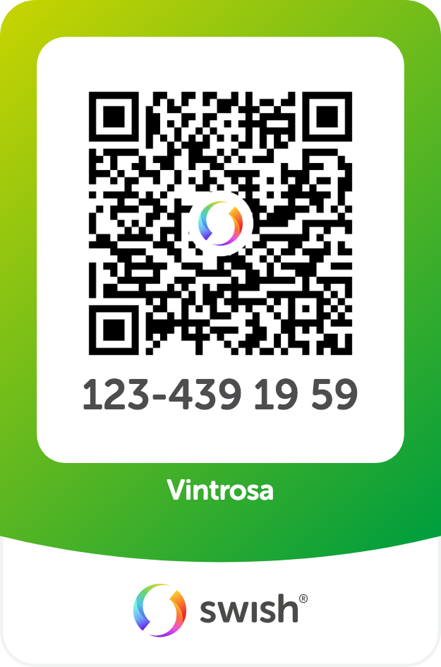 En Swish-betalnings-QR-kod med numret 123-439 19 59 och namnet Vintrosa visas under koden på en grön och vit bakgrund.