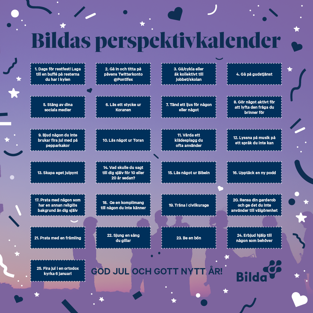 Bild på Bildas perspektivkalender med alla luckorna i mörkblått ovanpå en lilafärgad bild på människor och illustrerat konfetti runt om.