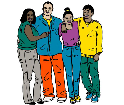 Illustration på fyra personer som bildar en familj