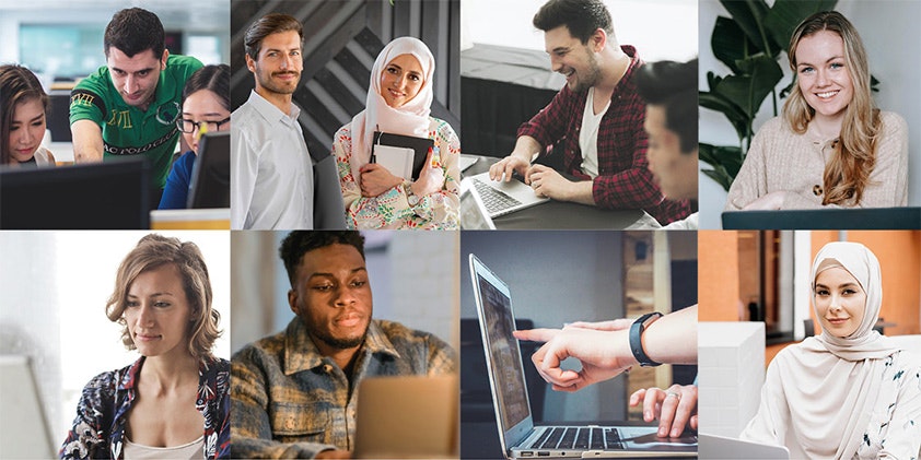 Ett collage av bilder på människor som arbetar på bärbara datorer.