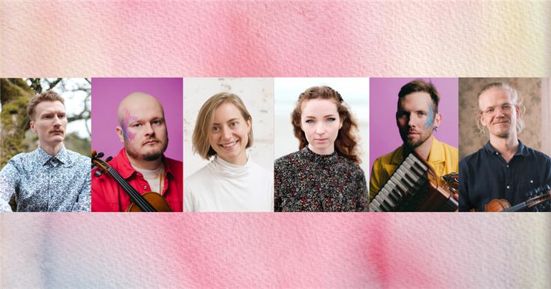 Sex personer avbildas sida vid sida i individuella porträttfoton, var och en vänd mot kameran mot olika bakgrunder. Två håller i musikinstrument.