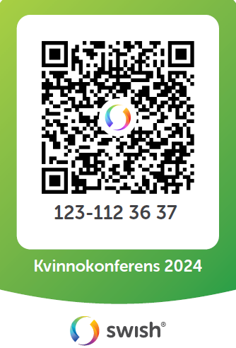 QR-kod i mitten med numret 123-112 36 37 under, märkt "Kvinnokonferens 2024" mot grön gradientbakgrund. Swish logotyp och text längst ner.