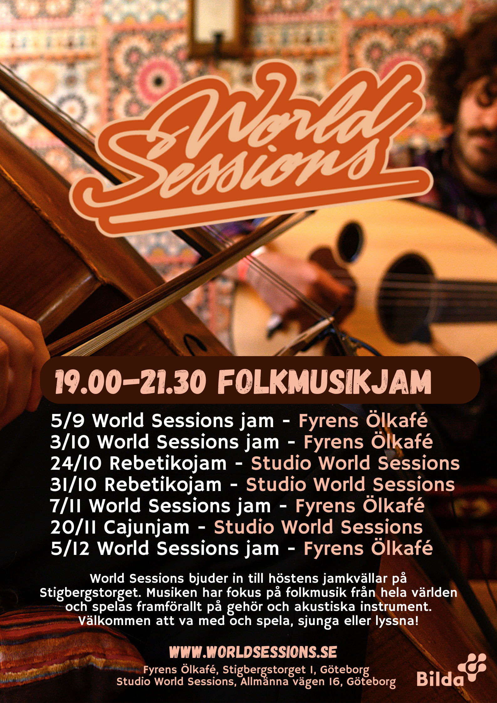 Affisch för "World Sessions Folk Music Jam" med evenemangsdatum och platser från september till december 2023 i Göteborg. Bakgrunden visar musiker som spelar stränginstrument.