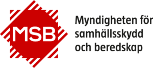 Myndigheten för samhällsskydd och beredskaps logotyp (Myndigheten för samhällsskydd och beredskap), med en röd geometrisk form med "MSB" i vita bokstäver. Byråns namn skrivet bredvid på svenska.