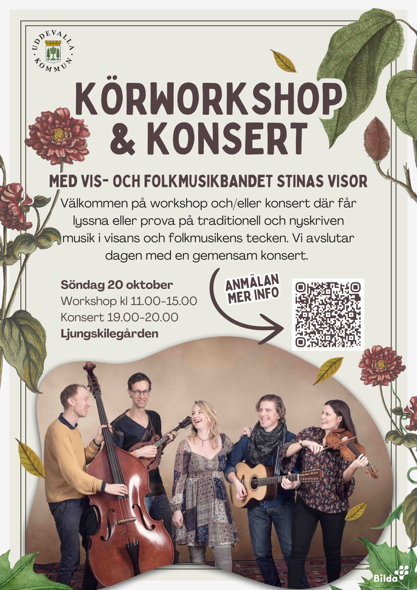 Affisch för sångworkshop och konsert den 20 oktober kl 11:00-20:00 med folkmusikbandet Stinas Visor. Evenemanget kommer att innehålla traditionella och samtida folksånger och musik.