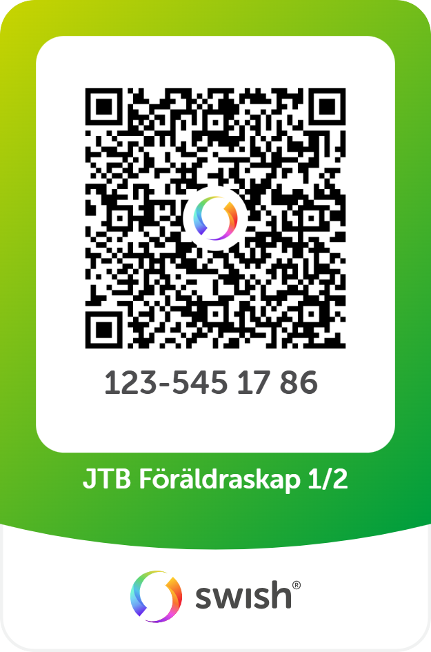 Swish betalning QR-kod med telefonnummer 123-545 17 86 och sms "JTB Föräldraskap 1/2.