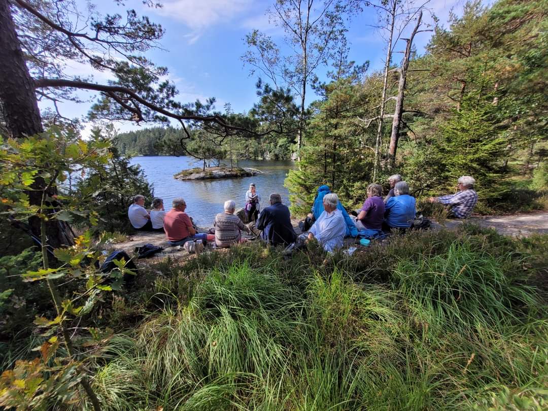 En grupp människor sitter på en gräsyta vid en sjö, omgiven av träd, under en klarblå himmel.