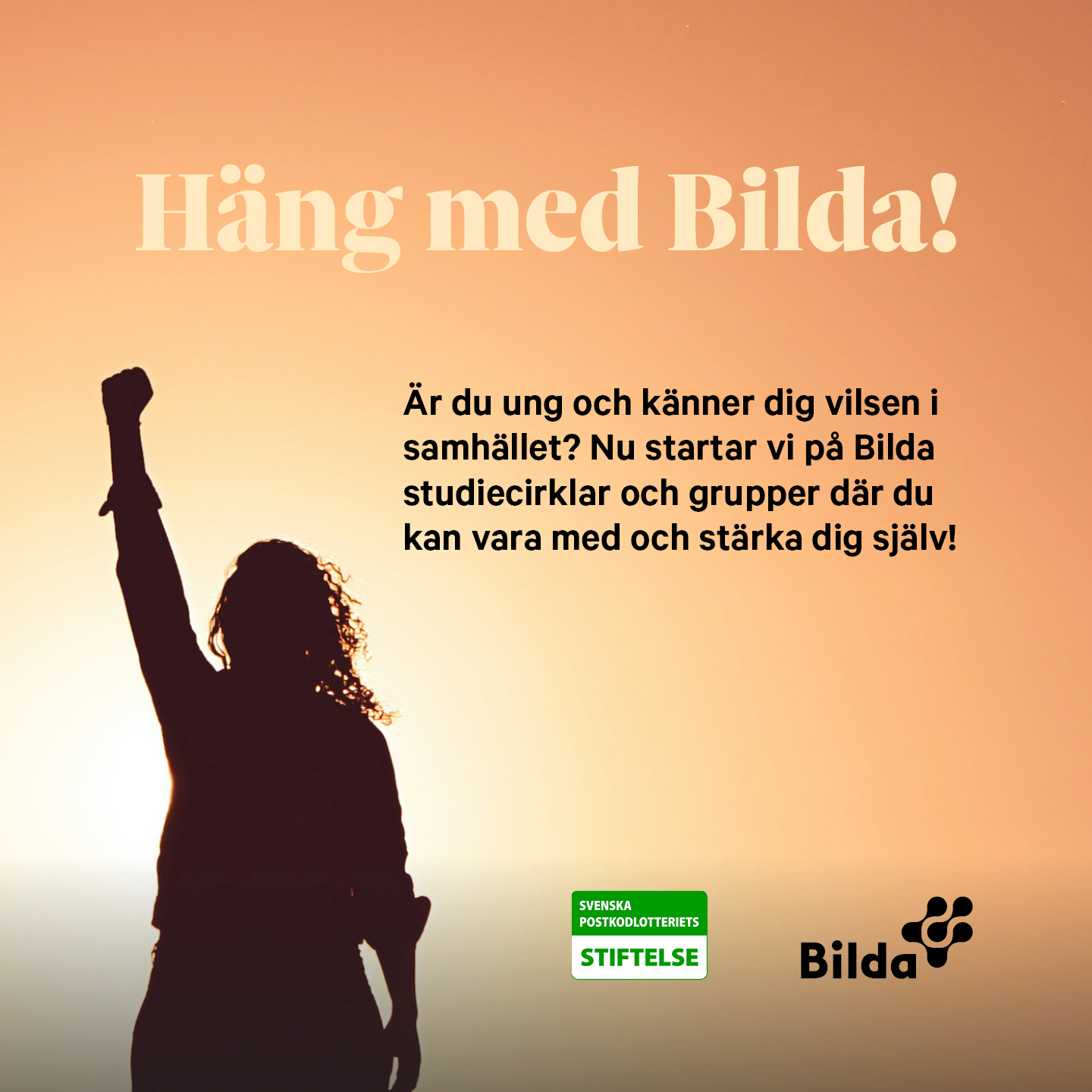 En person med en höjd näve står mot en solnedgångshimmel. Text på svenska inbjuder ungdomar att delta i Bildas studiecirklar för att stärka sin egenmakt. Logotyper för Bilda och en stiftelse syns.