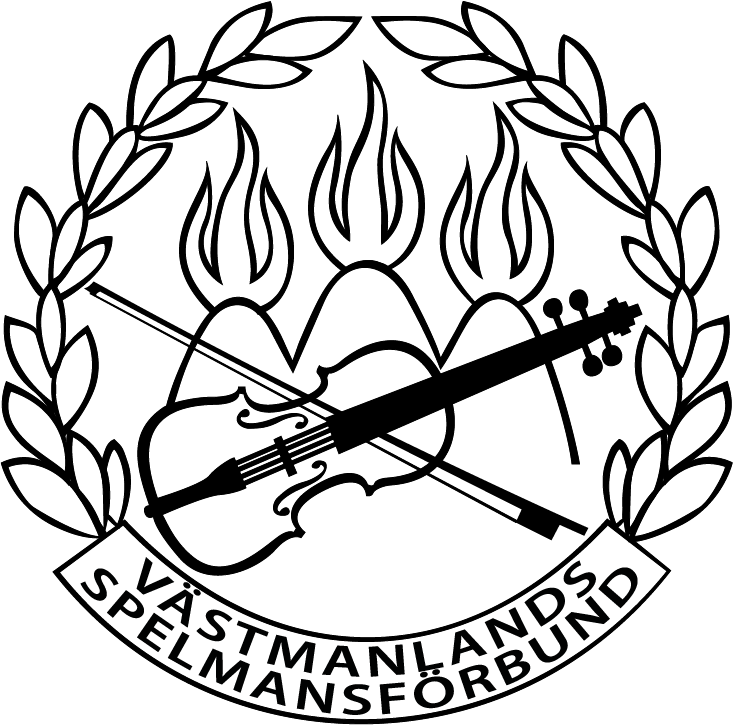 En violin och stråke korsade över flammor, omgivna av en lagerkrans med texten "VÄSTMANLANDS SPELMANSFÖRBUND" nedanför.