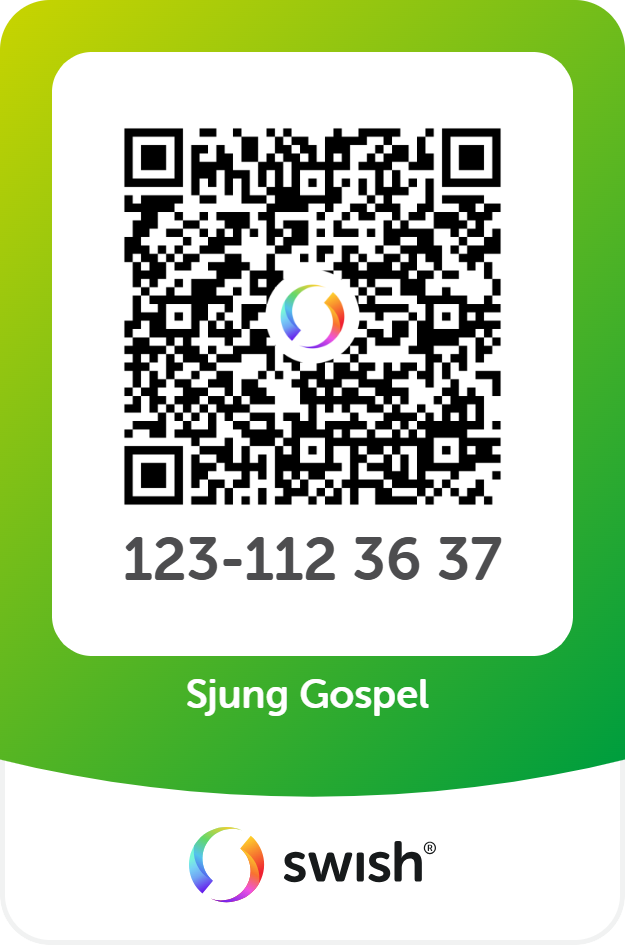 En QR-kod för Swish-betalning med numret 123-112 36 37 och texten "Sjung Gospel" på en grön gradientbakgrund.