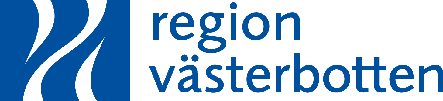 Region Västerbottens logotyp med blå abstrakt design och text på svenska på vit bakgrund.