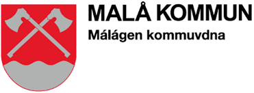 Röd och grå sköld med två korslagda yxor; text: Malå Kommun, Mállágen kommuvdna.