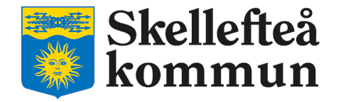 Skellefteå kommuns logotyp med ett gult solemblem på en blå sköld och svart text på vit bakgrund.